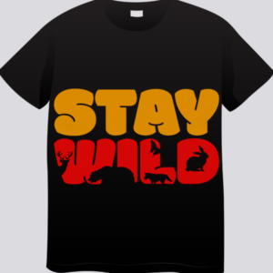 "Stay Wild Graphic Tee featuring bold yellow 'Stay' and red 'Wild' typography with intricate wildlife accents including a deer, butterfly, wolf, and rabbit - Nature-inspired streetwear by Aroglitch."